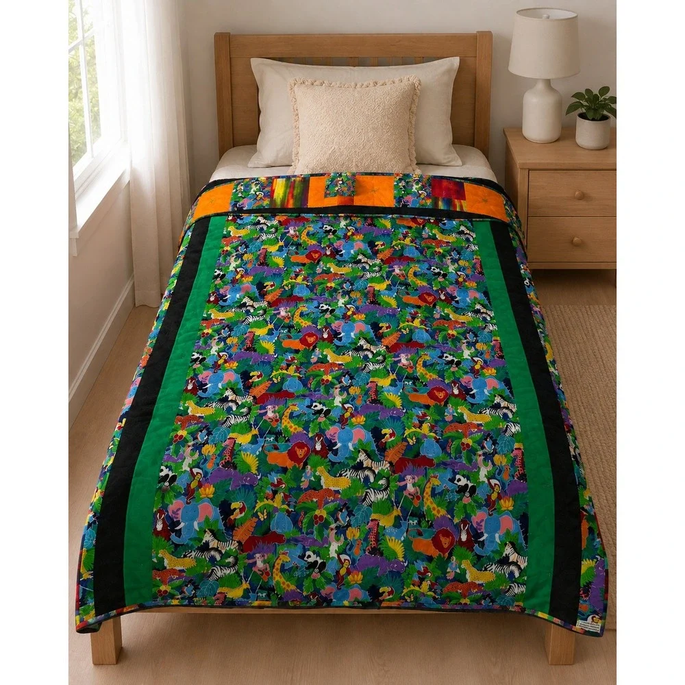 Handmade Reversible Twin Quilt 68x62 Colorful Jungle Animal Patchwork